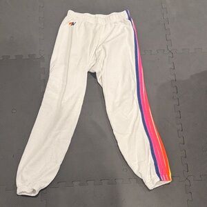 Aviator Nation White Track Pants with Rainbow Stripes
